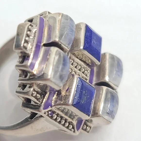 Nicky Butler sterling 925 lapis lazuli moonstone geometric ring purple enamel, 7 - Picture 7 of 10